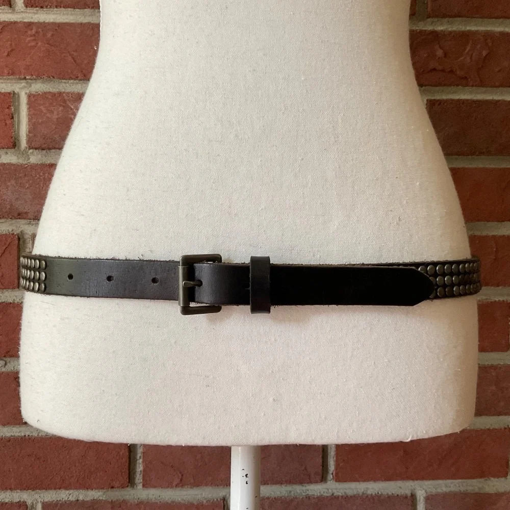 Brown Leather Gunmetal Studded Boho Belt 31”-35” NWOT